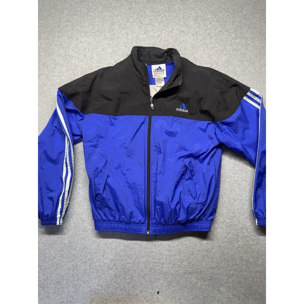 Vintage Y2K Adidas Men's S Blue Windbreaker Jacket Full Zip Pockets Logo Striped